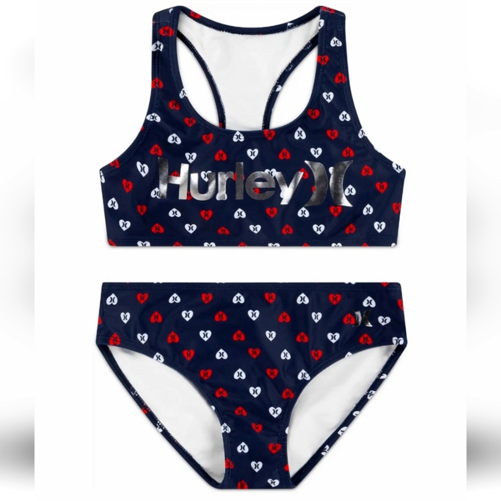 HURLEY girls size L red white blue silver racerback bikini NWT